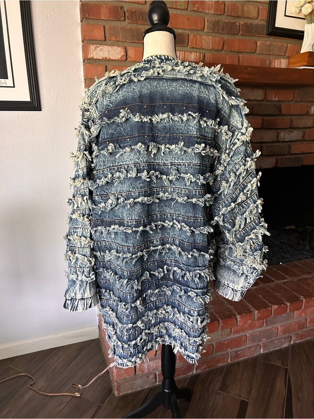 VTG Fringed Studded Denim Jacket in Indigo Blue One Size - Picture 8 of 9